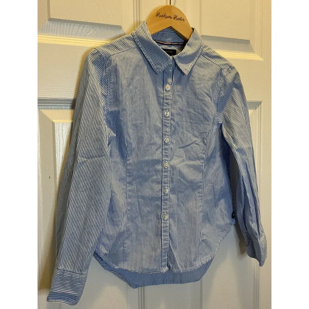 Tommy Hilfiger Girls S (7) Blue White Pinstripe Fitted Long Sleeve Button Up Top - Picture 2 of 7